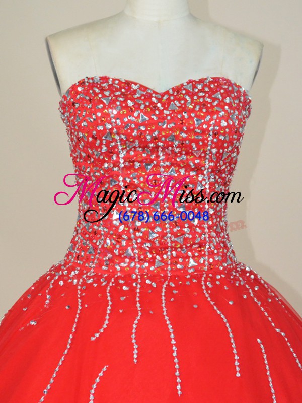 wholesale trendy red sleeveless floor length beading lace up quinceanera gowns