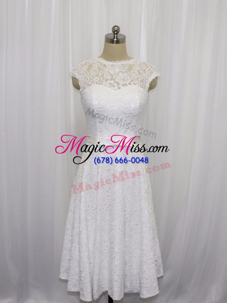 wholesale sleeveless lace tea length lace up bridal gown in white with lace and belt
