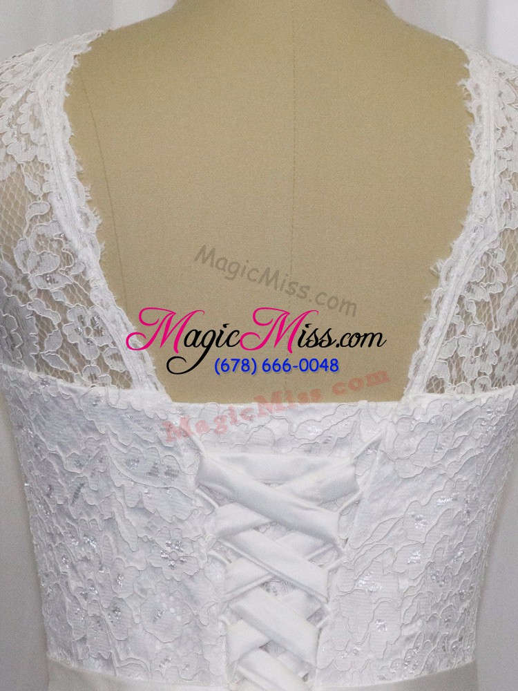 wholesale sleeveless lace tea length lace up bridal gown in white with lace and belt
