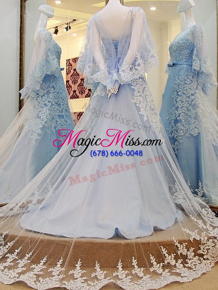 wholesale glittering a-line long sleeves light blue homecoming dress court train lace up