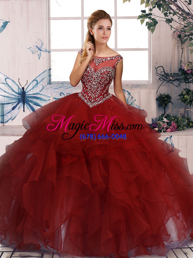 wholesale eye-catching burgundy ball gowns organza scoop sleeveless beading and ruffles floor length zipper quince ball gowns