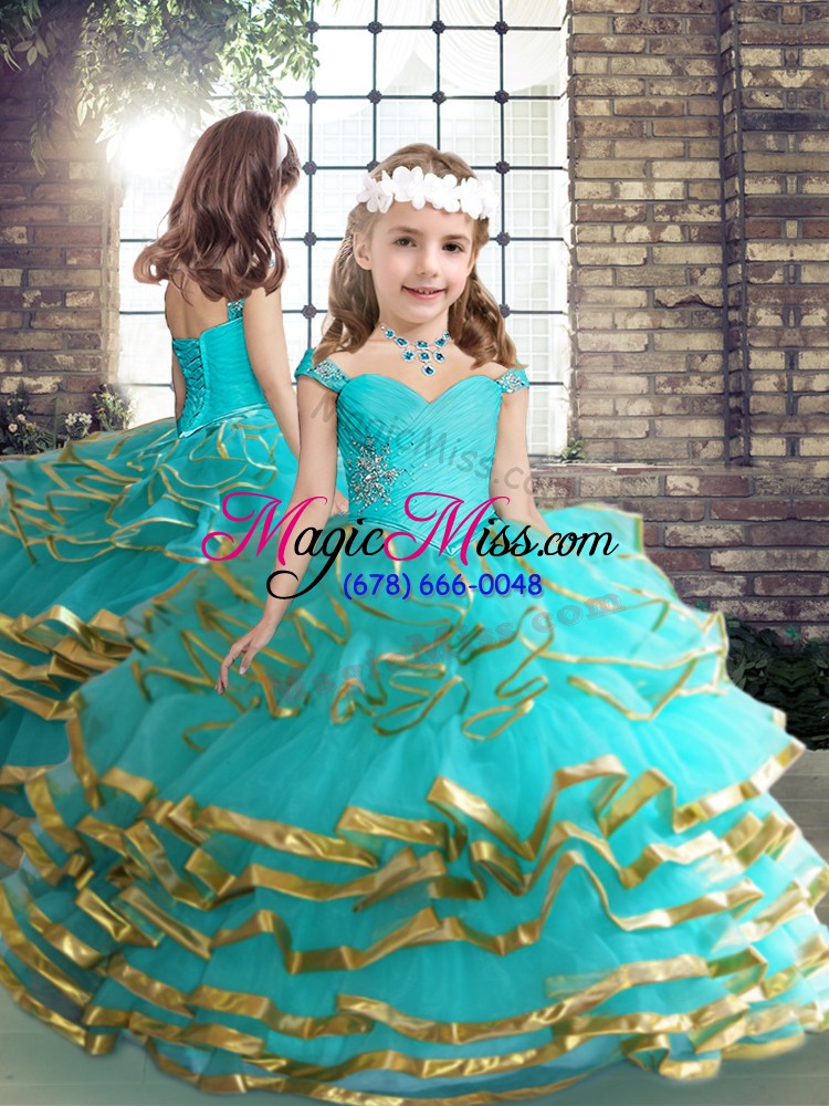 wholesale clearance aqua blue tulle lace up off the shoulder sleeveless floor length vestidos de quinceanera beading and ruffled layers