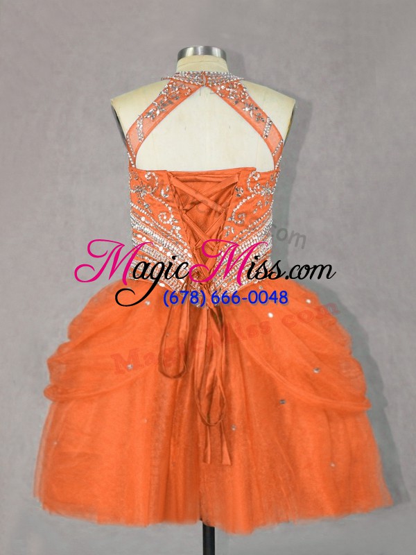 wholesale orange red halter top neckline beading cocktail dresses sleeveless lace up
