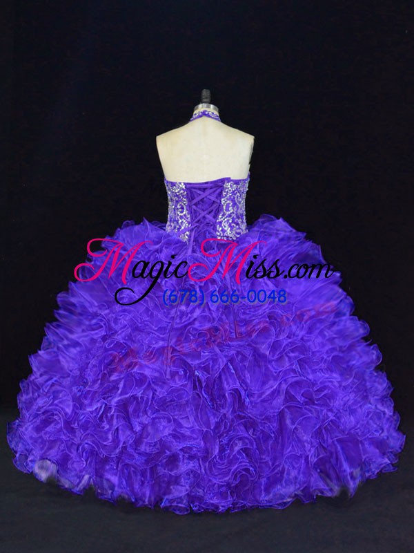 wholesale sleeveless organza floor length lace up quinceanera dresses in purple with beading and ruffles