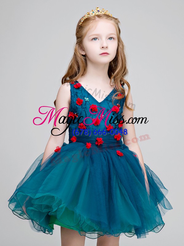 wholesale v-neck sleeveless organza flower girl dresses lace and appliques zipper