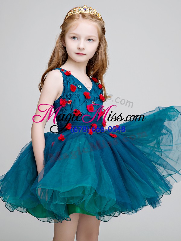 wholesale v-neck sleeveless organza flower girl dresses lace and appliques zipper