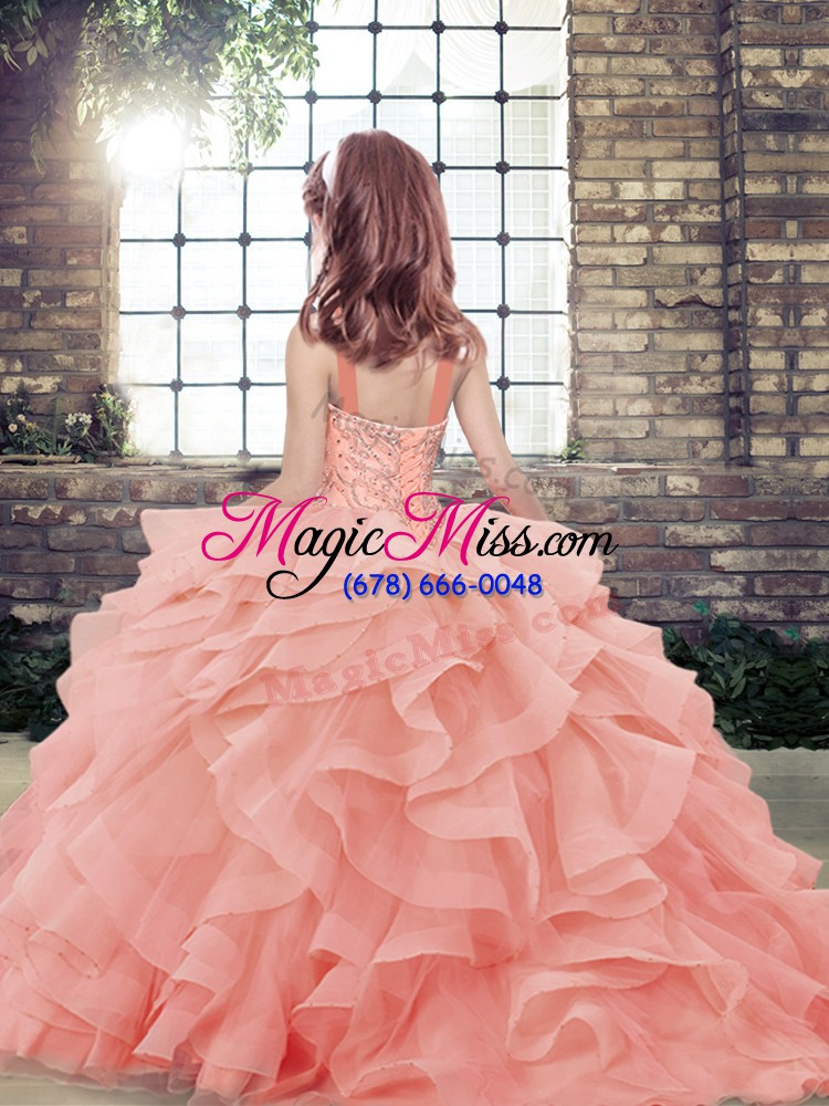 wholesale peach straps side zipper beading and ruffles winning pageant gowns sleeveless