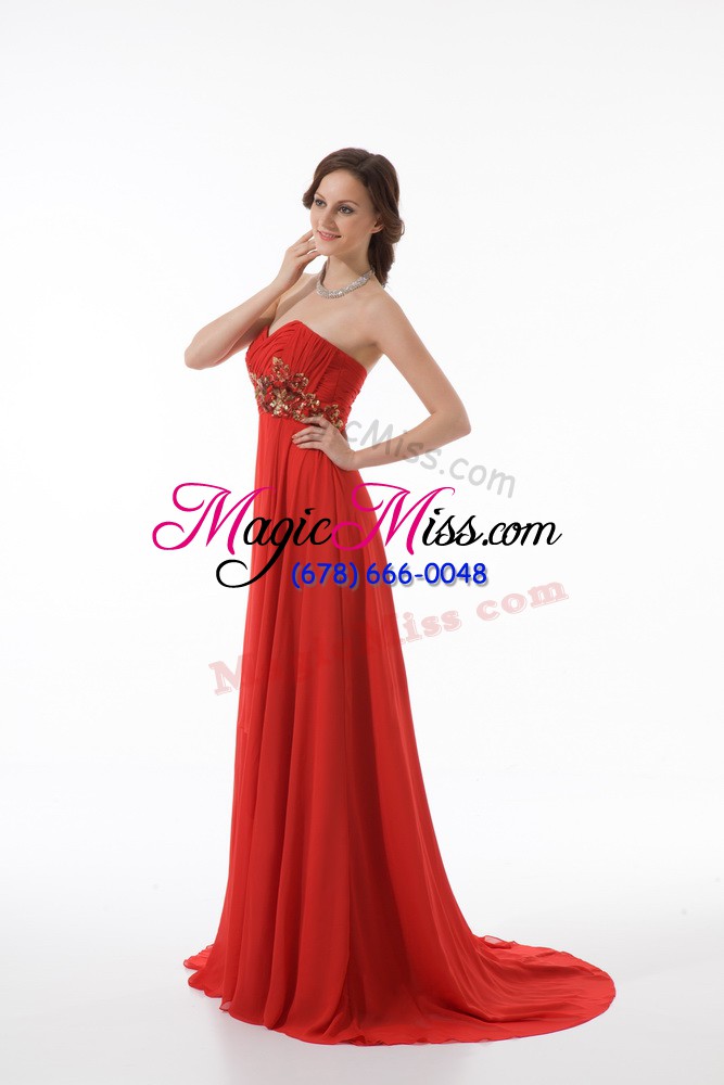 wholesale suitable sleeveless appliques and ruching zipper homecoming dress with red brush train
