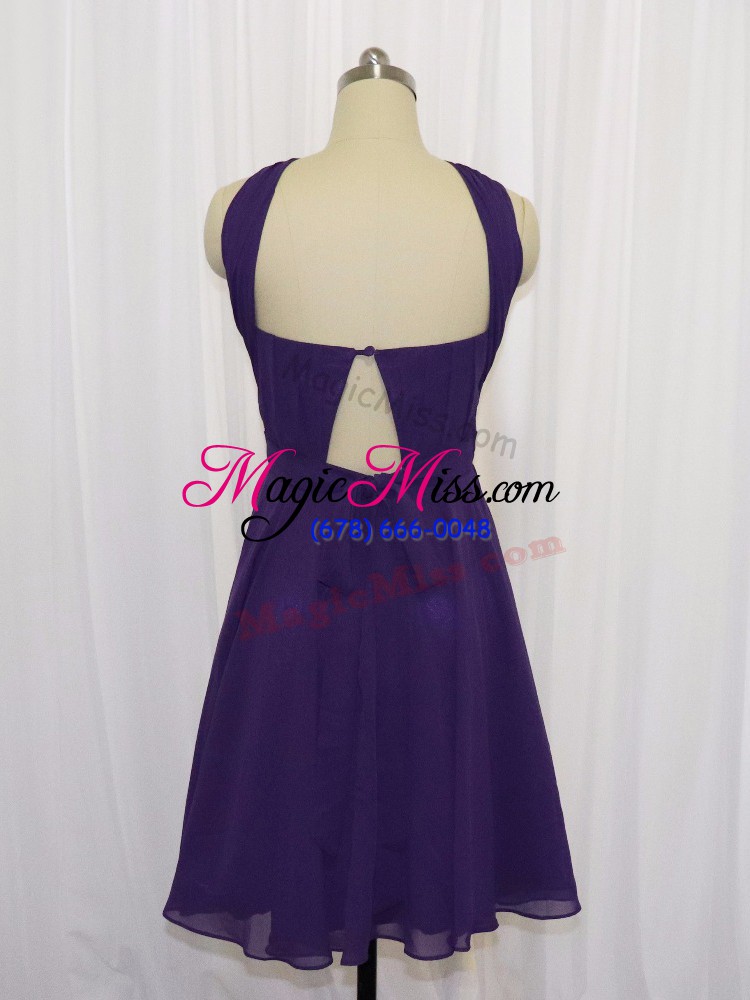 wholesale ruching evening dress purple backless sleeveless knee length