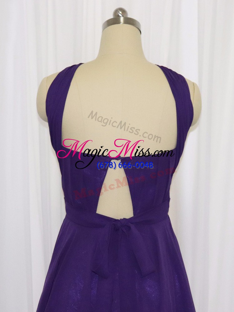 wholesale ruching evening dress purple backless sleeveless knee length