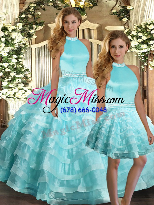 wholesale smart aqua blue ball gowns ruffled layers quinceanera gowns backless organza sleeveless floor length