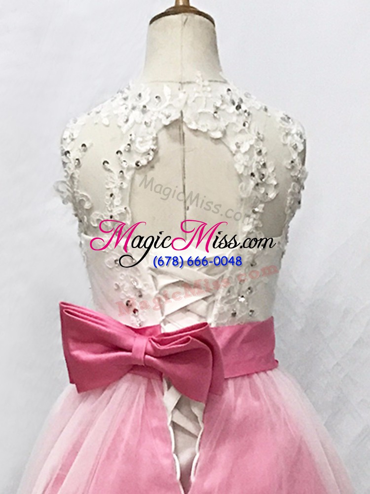 wholesale custom design pink and white sleeveless floor length beading and lace and bowknot lace up flower girl dress