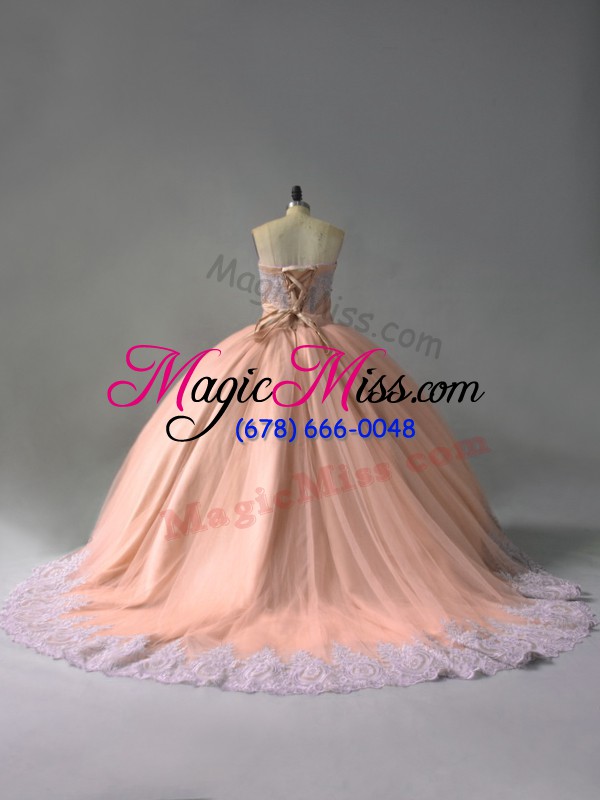 wholesale custom designed peach sweetheart lace up beading and appliques sweet 16 dresses court train sleeveless