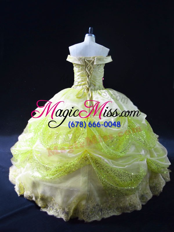 wholesale wonderful sleeveless floor length lace and sequins lace up 15 quinceanera dress with yellow green