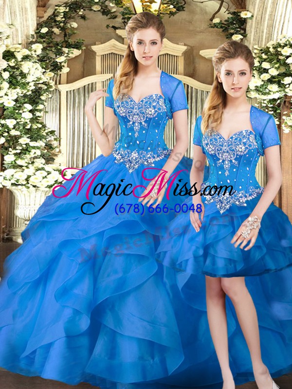 wholesale sleeveless tulle floor length lace up 15th birthday dress in blue with beading and ruffles