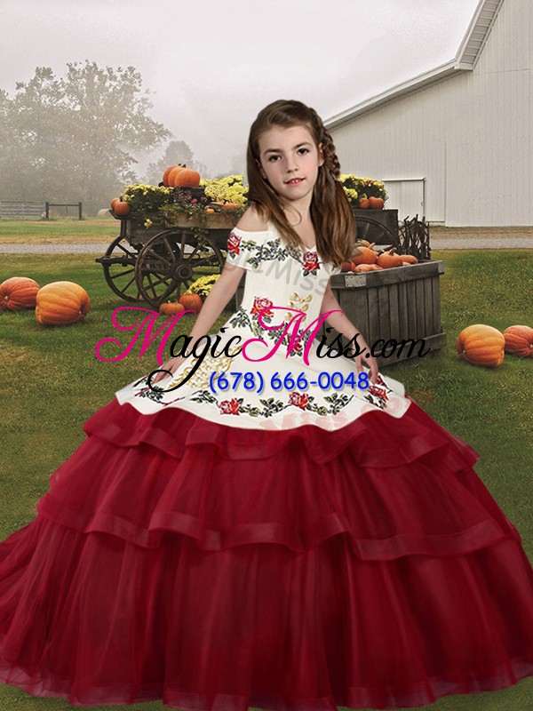 wholesale wine red kids pageant dress party and military ball and wedding party with embroidery straps sleeveless lace up