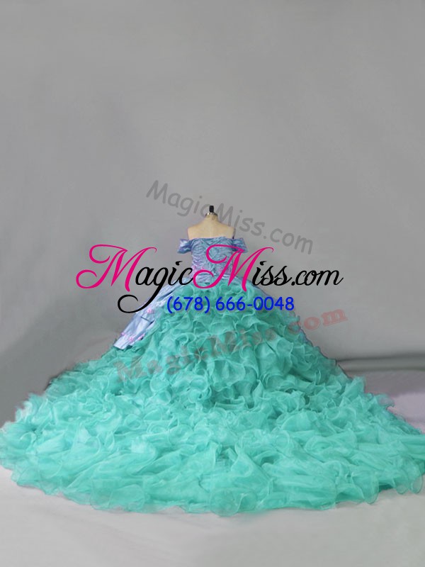 wholesale blue ball gowns organza off the shoulder sleeveless embroidery and ruffles lace up quinceanera gown chapel train