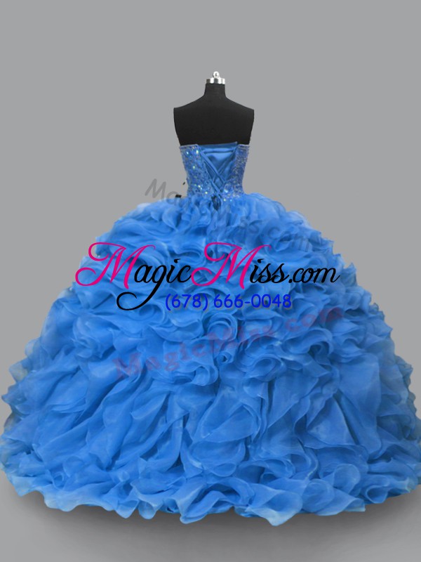 wholesale pretty floor length blue sweet 16 dress organza sleeveless beading and ruffles