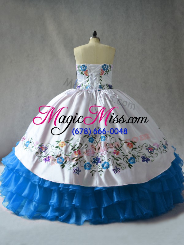 wholesale glamorous sweetheart sleeveless sweet 16 dress floor length embroidery and ruffled layers blue and white organza