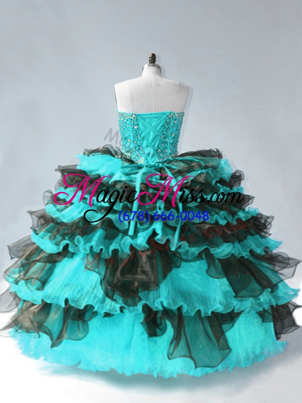 wholesale affordable blue and black sleeveless beading and ruffled layers floor length quinceanera dress