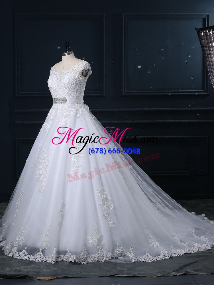 wholesale tulle scoop sleeveless brush train zipper beading and lace wedding dresses in white