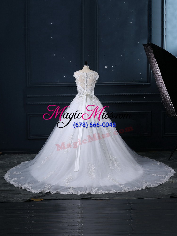 wholesale tulle scoop sleeveless brush train zipper beading and lace wedding dresses in white