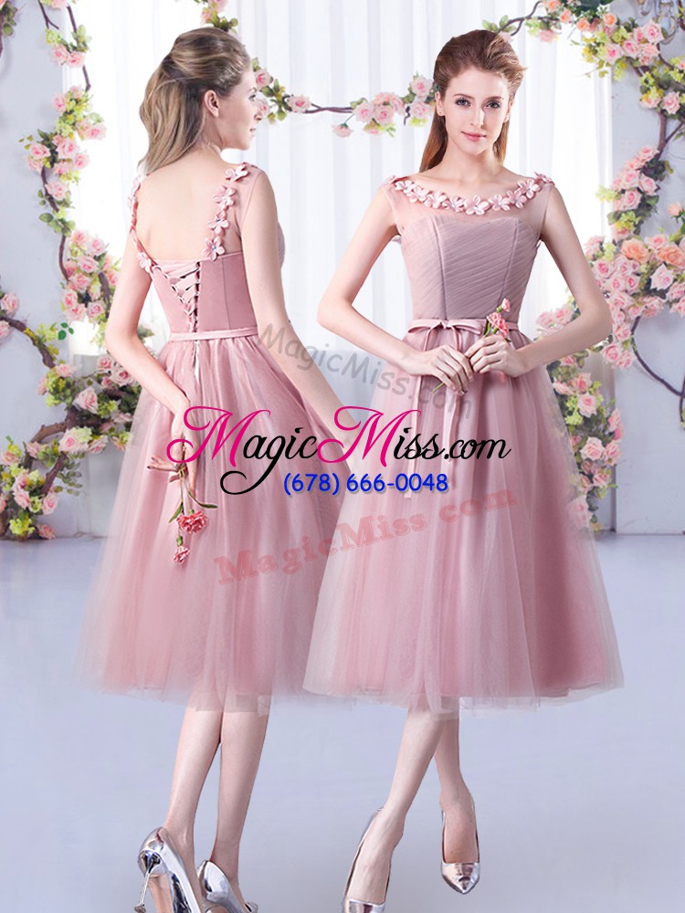 wholesale chic pink tulle lace up off the shoulder sleeveless tea length quinceanera dama dress belt
