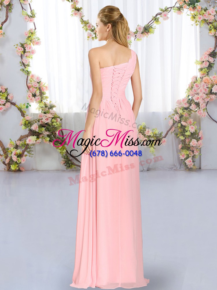 wholesale eye-catching peach one shoulder neckline ruching bridesmaids dress sleeveless lace up