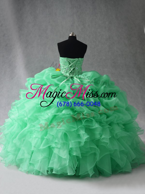wholesale inexpensive scoop sleeveless organza quince ball gowns beading and ruffles and pick ups lace up
