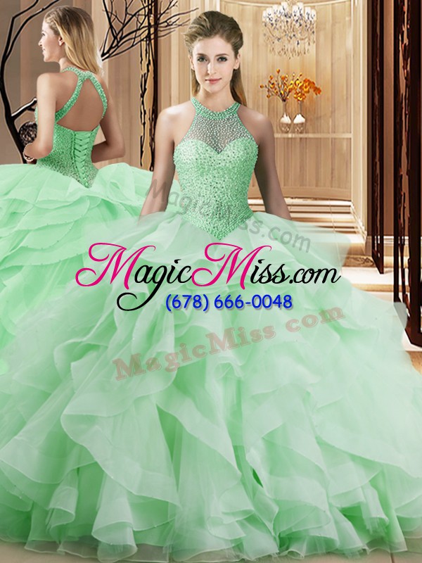 wholesale captivating apple green halter top lace up beading and ruffles sweet 16 dress brush train sleeveless