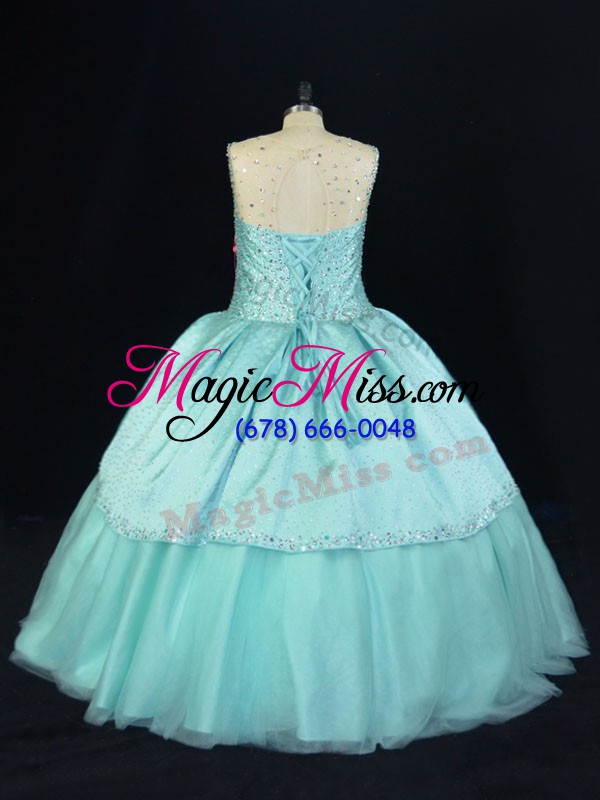 wholesale comfortable satin and tulle scoop sleeveless lace up beading ball gown prom dress in aqua blue