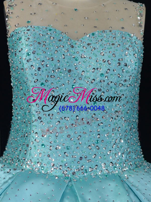wholesale comfortable satin and tulle scoop sleeveless lace up beading ball gown prom dress in aqua blue