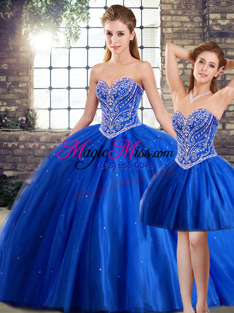 wholesale dazzling blue sleeveless brush train beading ball gown prom dress