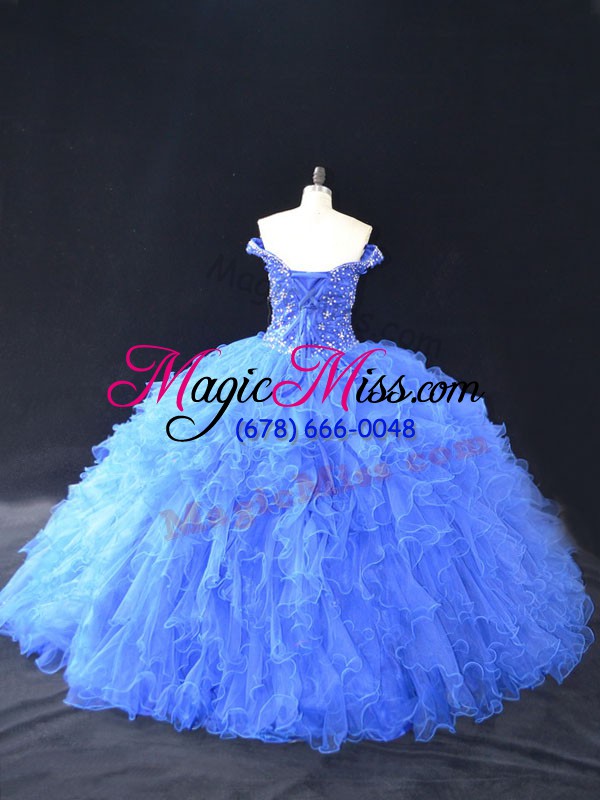 wholesale affordable blue off the shoulder neckline beading and ruffles sweet 16 dress sleeveless lace up