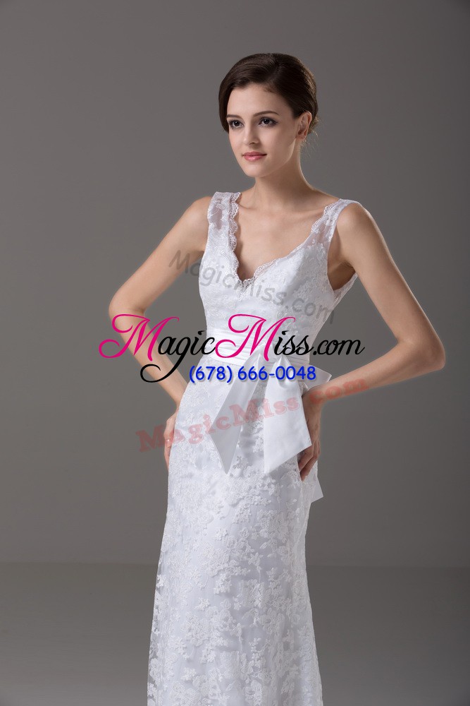wholesale modern lace and belt wedding dresses white backless sleeveless brush train