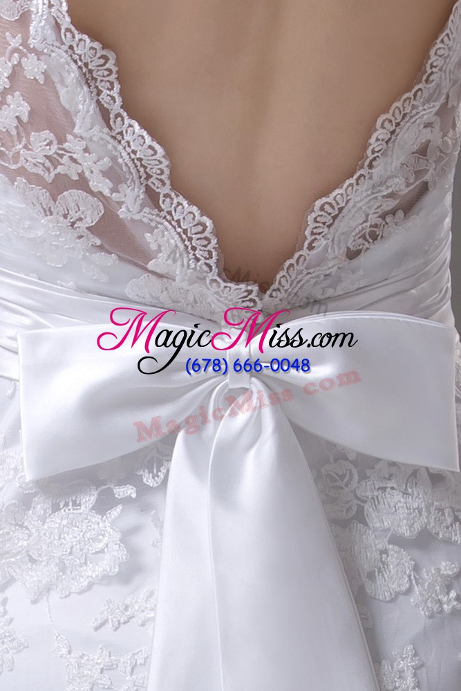 wholesale modern lace and belt wedding dresses white backless sleeveless brush train