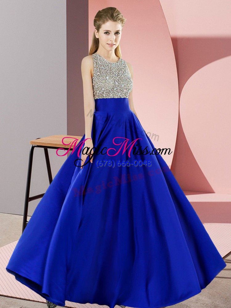 wholesale high end royal blue elastic woven satin backless scoop sleeveless floor length oscars dresses beading
