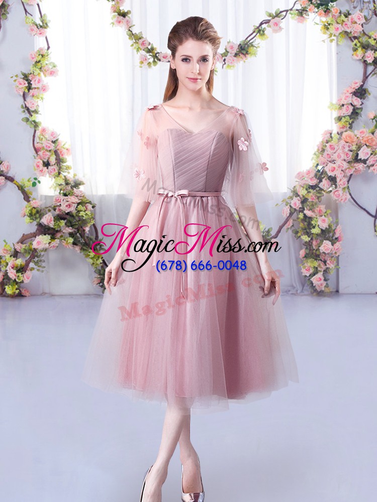 wholesale tea length empire sleeveless pink bridesmaid gown lace up