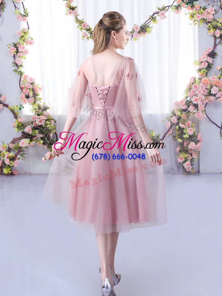 wholesale tea length empire sleeveless pink bridesmaid gown lace up