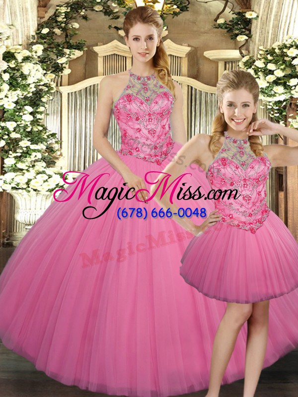 wholesale rose pink three pieces embroidery ball gown prom dress lace up tulle sleeveless floor length