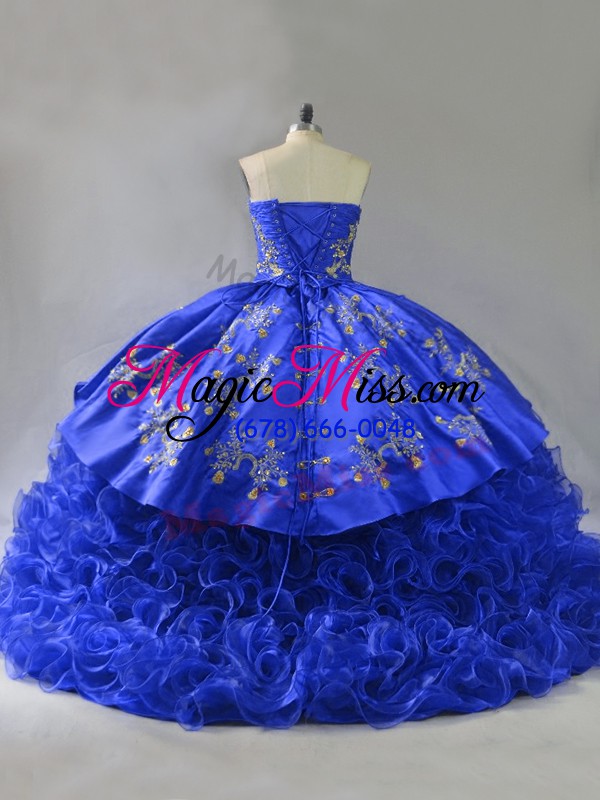 wholesale lovely royal blue lace up quinceanera gown embroidery and ruffles sleeveless floor length
