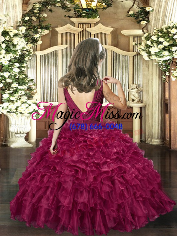 wholesale floor length burgundy girls pageant dresses v-neck sleeveless backless