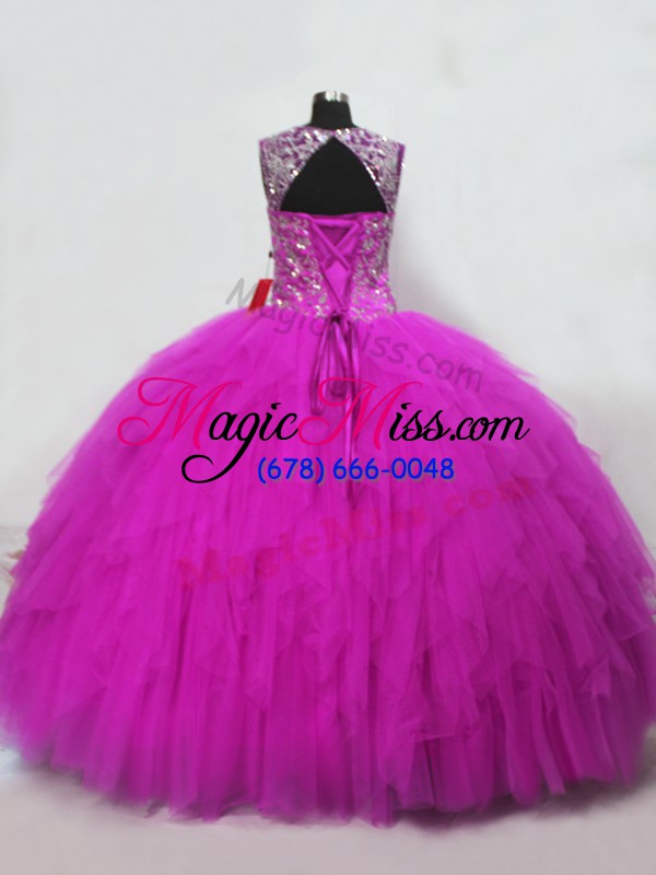 wholesale pretty fuchsia ball gowns straps sleeveless tulle floor length lace up beading and ruffles sweet 16 dresses