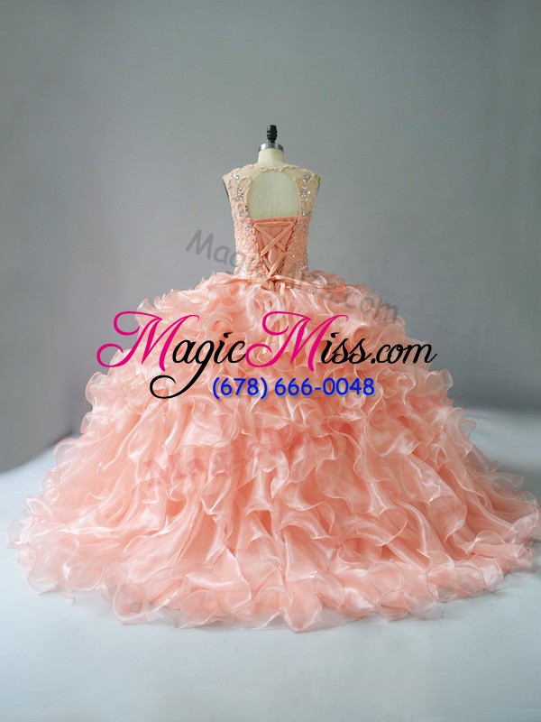 wholesale peach sleeveless beading and ruffles lace up quinceanera gown