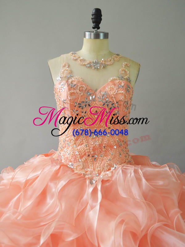 wholesale peach sleeveless beading and ruffles lace up quinceanera gown