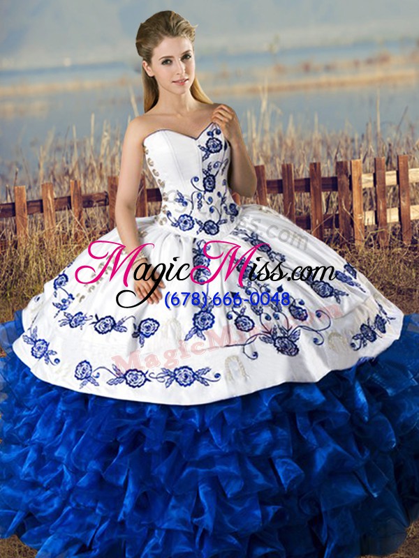 wholesale satin and organza sweetheart sleeveless lace up embroidery and ruffles ball gown prom dress in blue and white