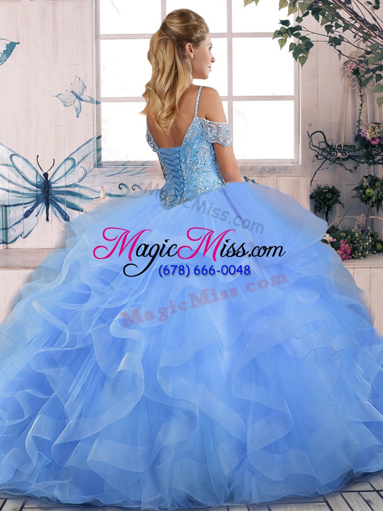 wholesale sexy blue tulle lace up off the shoulder sleeveless floor length vestidos de quinceanera beading and ruffles