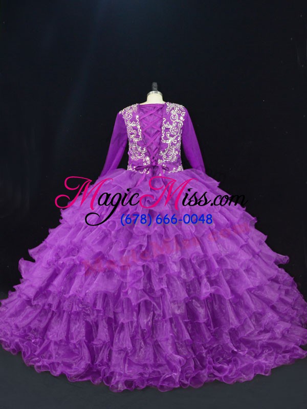 wholesale purple long sleeves beading and ruffled layers floor length ball gown prom dress