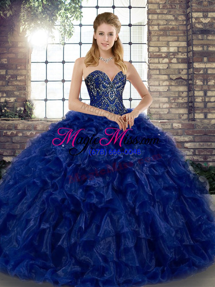 wholesale royal blue organza lace up quinceanera gown sleeveless floor length beading and ruffles
