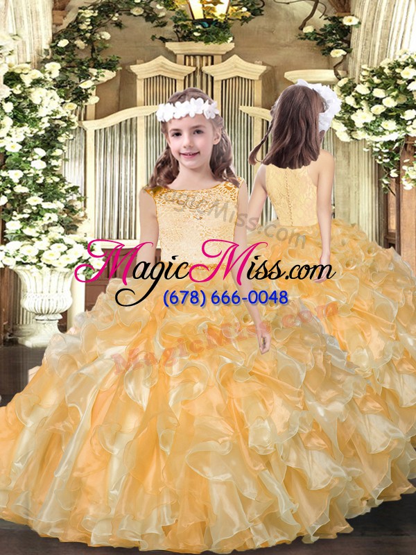 wholesale great organza scoop sleeveless clasp handle lace and ruffles vestidos de quinceanera in gold